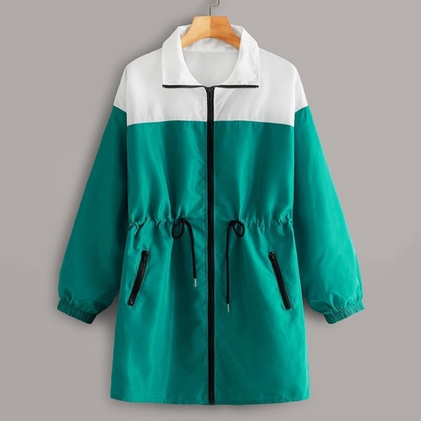 

Contrast Panel Zipper Drawstring Windbreaker Jacket