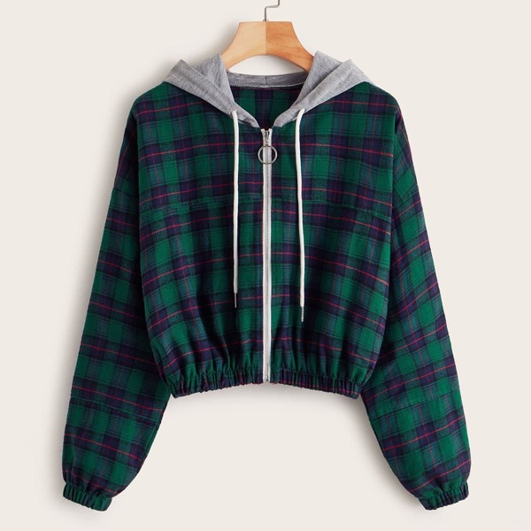 

Plaid O-Ring Zip Drawstring Hoodie, Multicolor