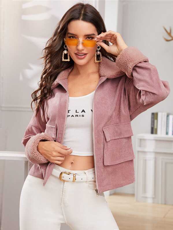 

Contrast Teddy Collar & Cuff Zip Up Corduroy Jacket, Pink, Juliana
