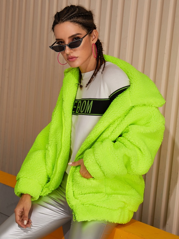 

Neon Green Zip Up Teddy Coat, Juliana