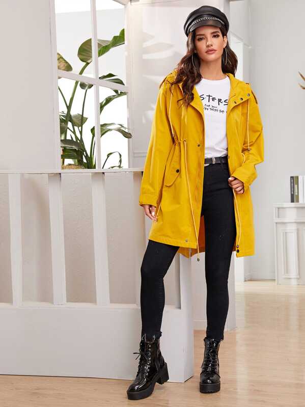 

Zip Up Drawstring Hooded Trench Coat, Yellow, Juliana