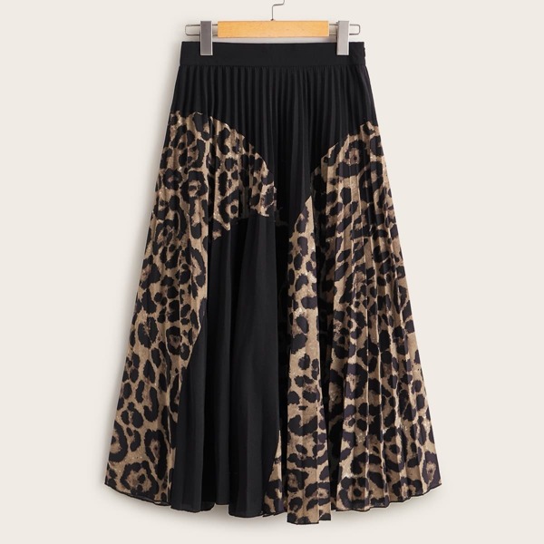 

Contrast Leopard Panel Elastic Waist Pleated Skirt, Multicolor