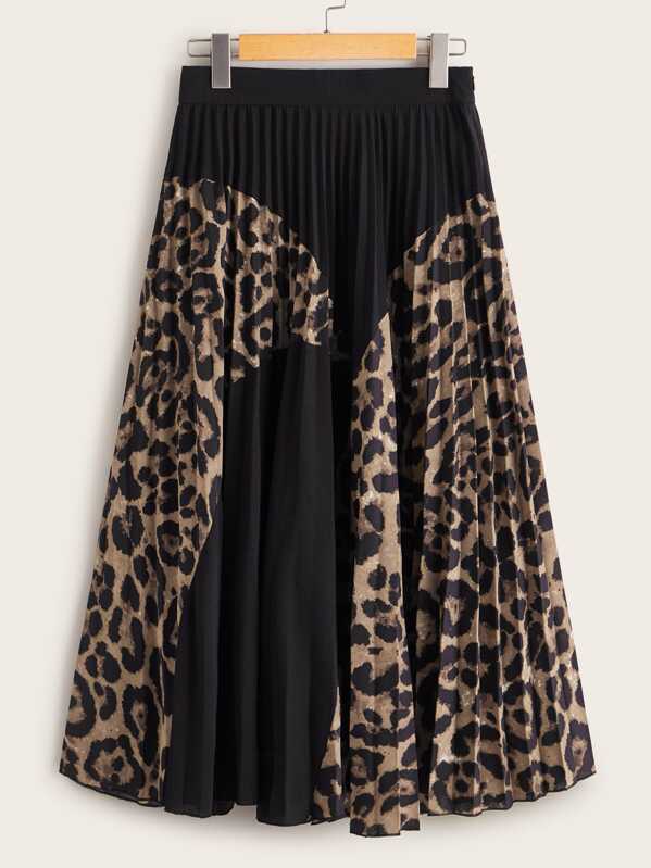 

Contrast Leopard Panel Elastic Waist Pleated Skirt, Multicolor