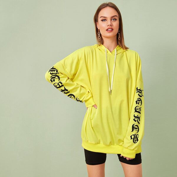 

Neon Yellow Letter Graphic Drawstring Longline Hoodie, Yellow bright