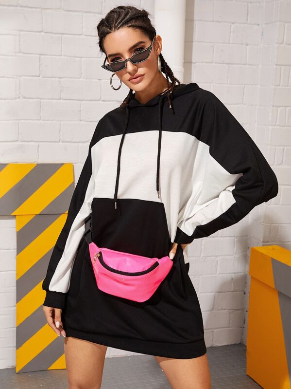 

Color-Block Drawstring Hooded Sweatshirt Dress Without Bag, Black and white, Juliana