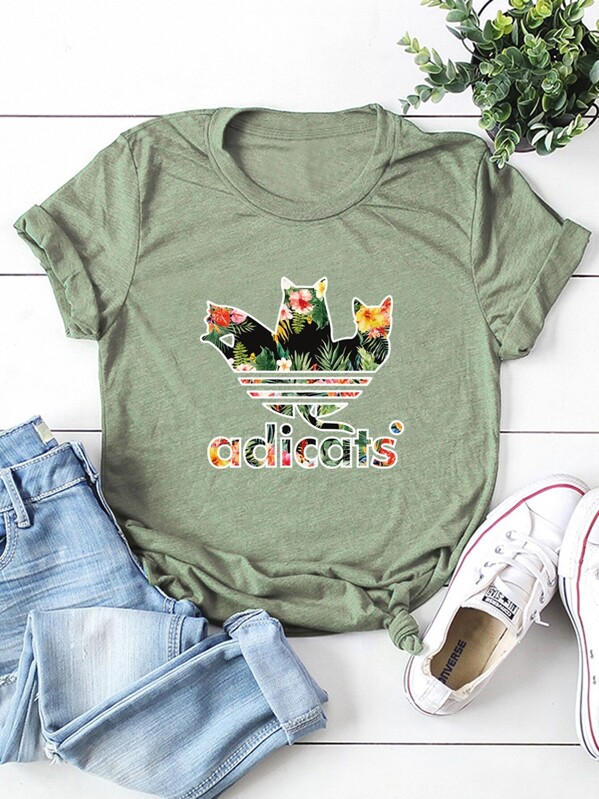 

Letter And Cat Print Round Neck Tee, Green