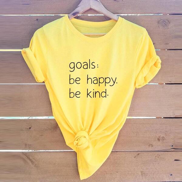 

Slogan Print Round Neck Tee, Yellow bright