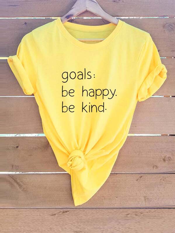 Slogan Print Round Neck Tee, Yellow