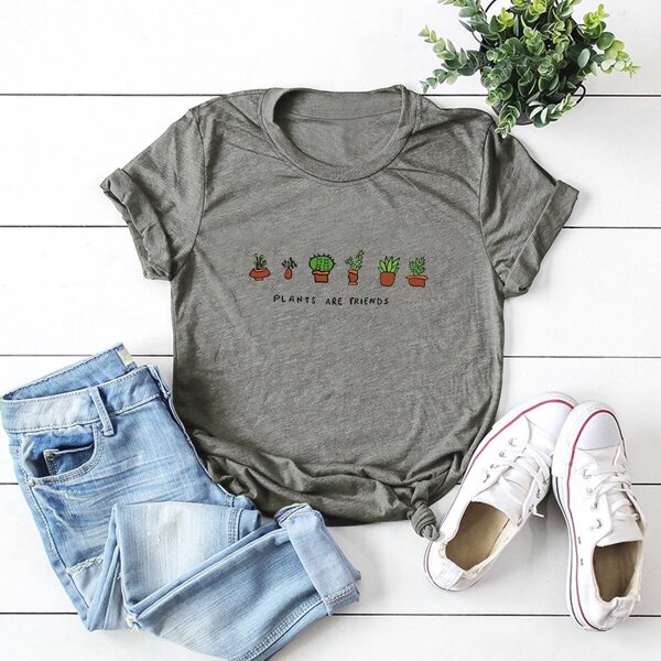 

Round Neck Slogan And Plants Print Tee, Grey