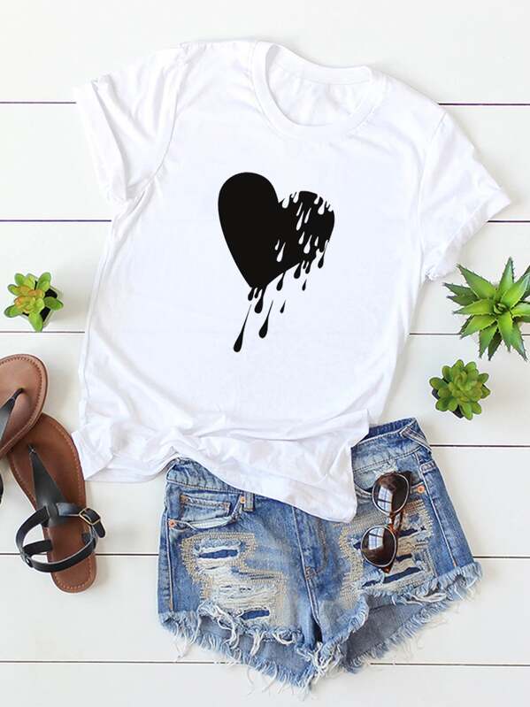 

Heart Print Round Neck Tee, White