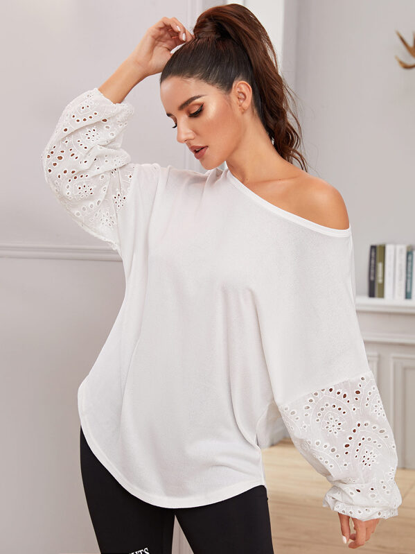 Solid Contrast Eyelet Embroidery Bishop Sleeve Tee, White, Juliana
