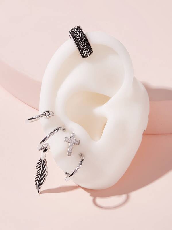 

Leaf & Cross Decor Earrings 5pcs, Silver