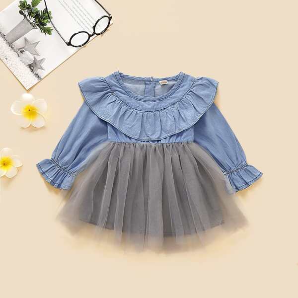

Baby Girl Mesh Panel Ruffle Trim A-line Dress, Multicolor