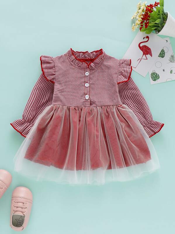 

Baby Girl Mesh Panel Ruffle Trim Gingham A-line Dress, Red
