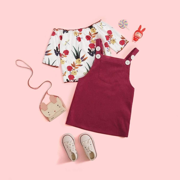 

Toddler Girls Floral Bardot Blouse With Corduroy Overall Dress
