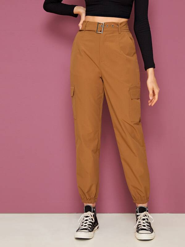 

Solid Flap Pocket Belted Cargo Pants, Brown, Nikola