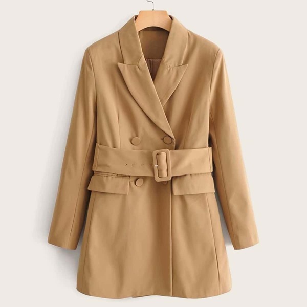 

Lapel Collar Double Breasted Belted Blazer, Khaki