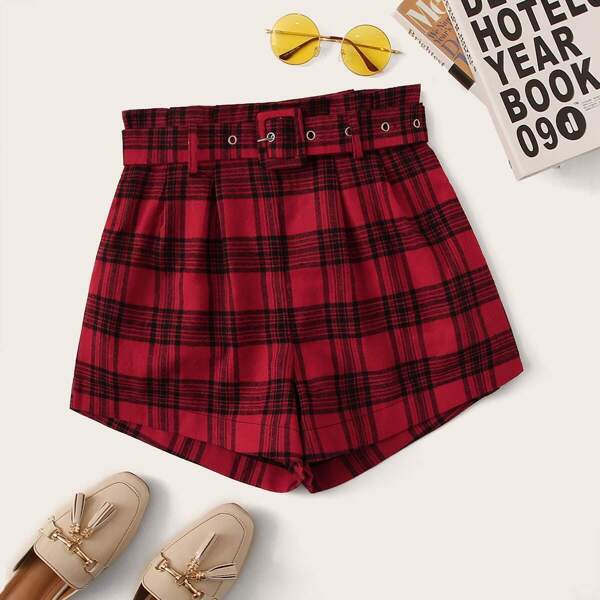 

Tartan Print Belted Straight Leg Shorts, Red