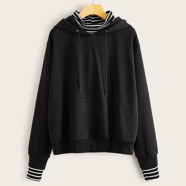

Contrast Stripe Drawstring Combo Hoodie, Black