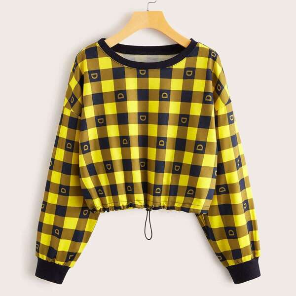 

Plaid Letter Print Drawstring Hem Sweatshirt
