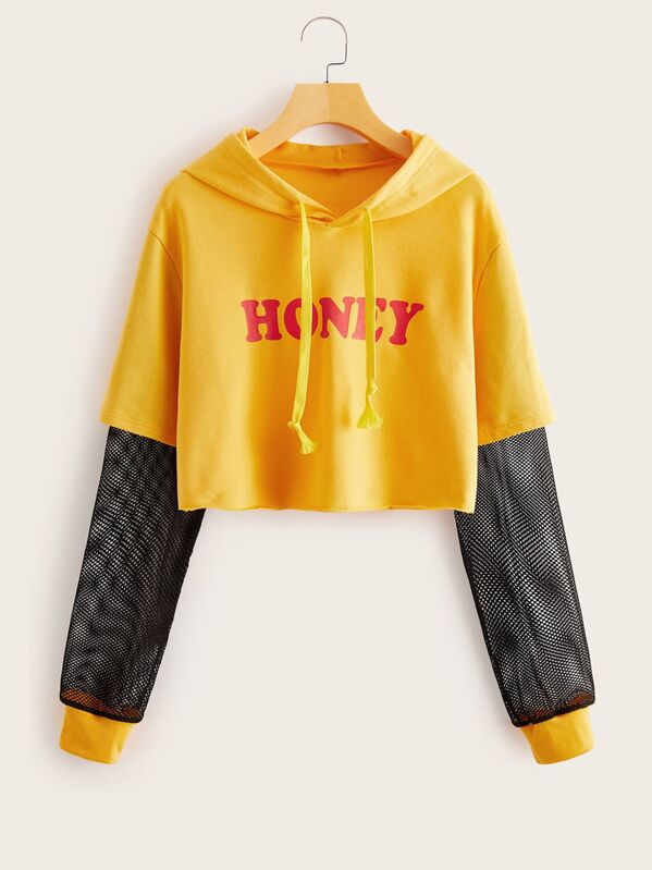 

Contrast Fishnet Sleeve Letter Graphic Sweatshirt, Yellow