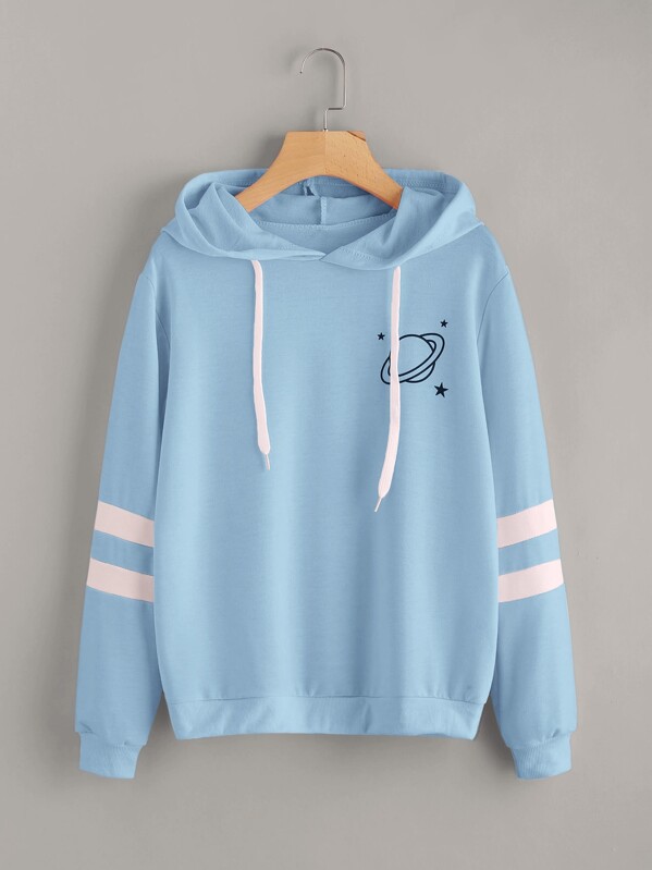 

Planet Print Varsity Striped Drawstring Hoodie, Blue