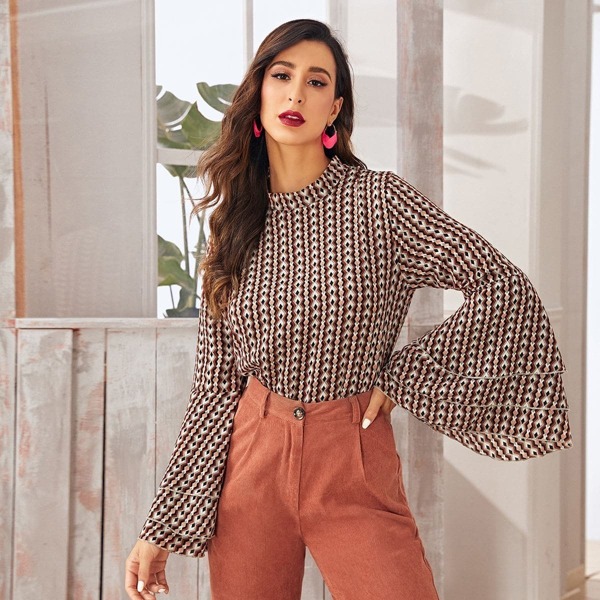 

Layered Sleeve Aztec Print Blouse, Multicolor