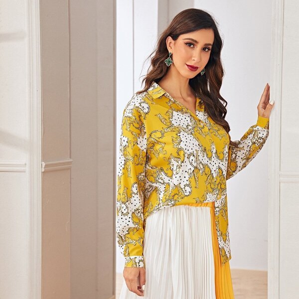 

Baroque Print Polka Dot Curved Hem Blouse, Multicolor