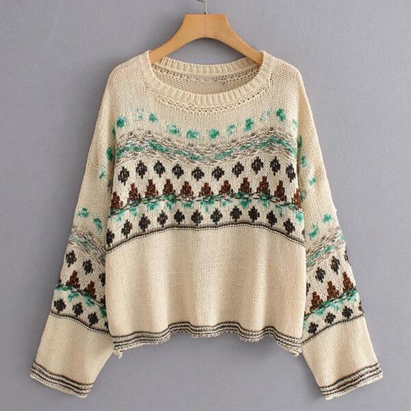 

Glitter Striped Fair Isle Drop Shoulder Sweater, Khaki