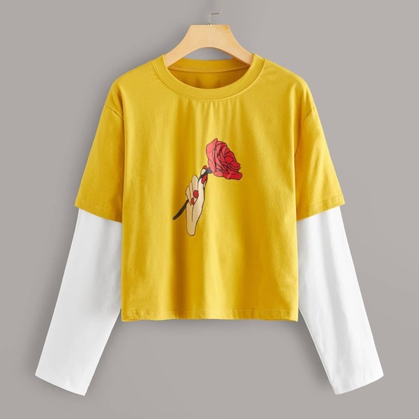 

Rose & Gesture Print Contrast Sleeve Tee