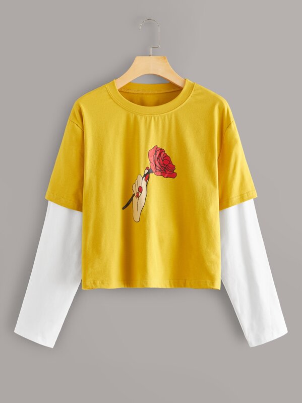 

Rose & Gesture Print Contrast Sleeve Tee, Yellow
