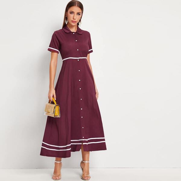 

Contrast Trim Flare Hem Shirt Dress, Burgundy