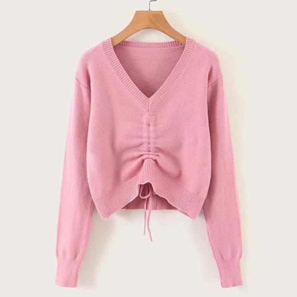 

V-neck Drawstring Decoration Solid Sweater