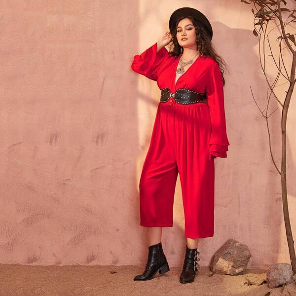

Plus Layered Sleeve Wide Leg Crop Jumpsuit Without Corset