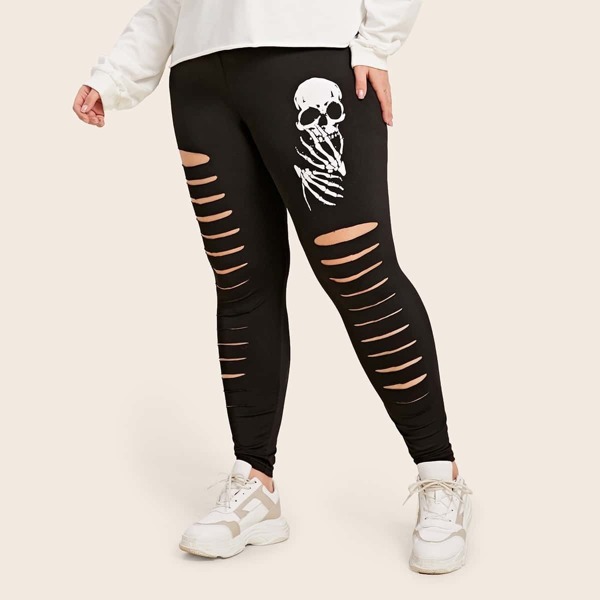 

Plus Skull Print Cut Out Skinny Leggings, Black