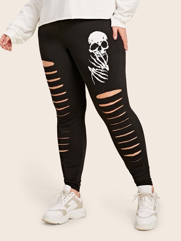 

Plus Skull Print Cut Out Skinny Leggings, Black, Carol