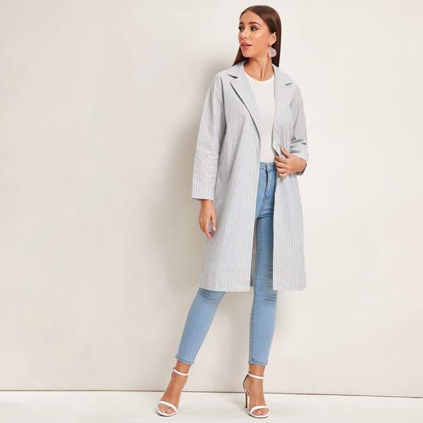 

Button Front Striped Lapel Collar Coat, Grey