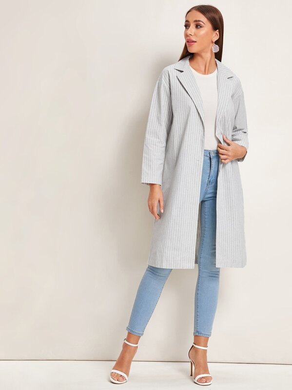 

Button Front Striped Lapel Collar Coat, Grey, Hanna