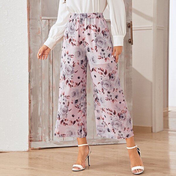 

Floral Print Wide Leg Chiffon Pants, Multicolor
