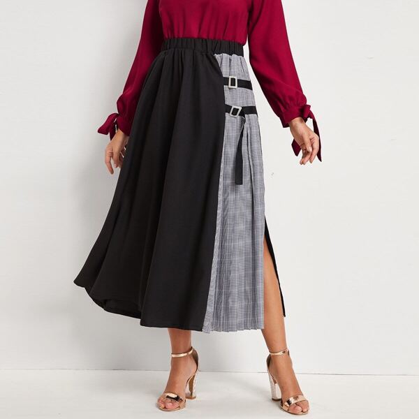

Colorblock Contrast Plaid Split Side Skirt