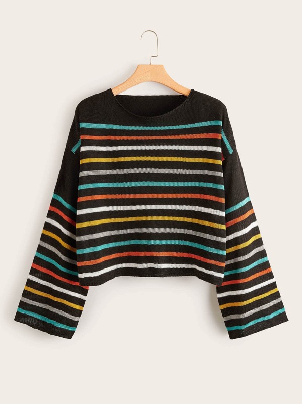 

Plus Colorful Striped Drop Shoulder Sweater, Multicolor
