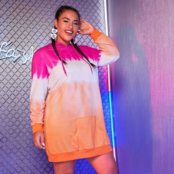 

Plus Tie Dye Drawstring Sweatshirt Dress, Multicolor