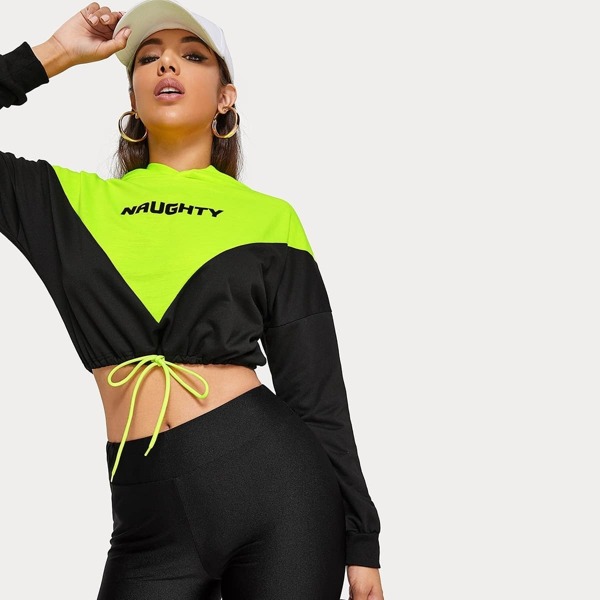 

Neon Lime Colorblock Drawstring Hem Crop Hoodie, Multicolor