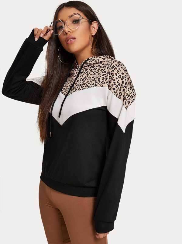 

Leopard Colorblock Drawstring Hoodie Sweatshirt, Multicolor, Lucia