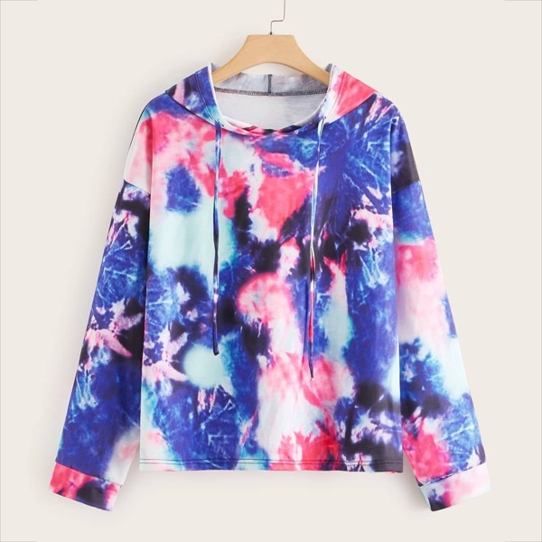 

Plus Tie Dye Drop Shoulder Drawstring Hoodie, Multicolor