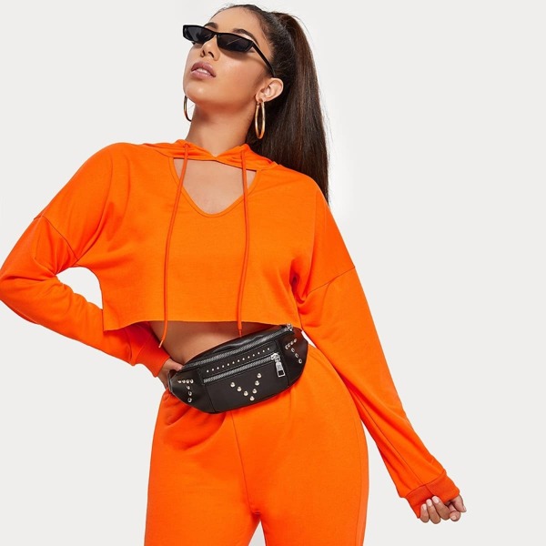 

Neon Orange Cut Out Drawstring Hoodie Crop Sweatshirt