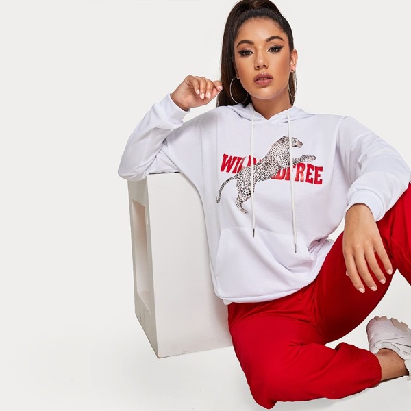

Letter & Cheetah Graphic Drawstring Hoodie, White