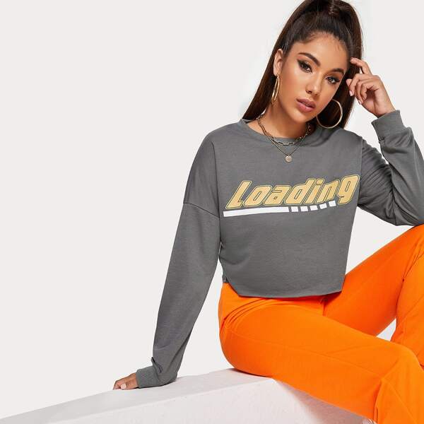 

Letter Graphic Drop Shoulder Crop Sweatshirt, Grey
