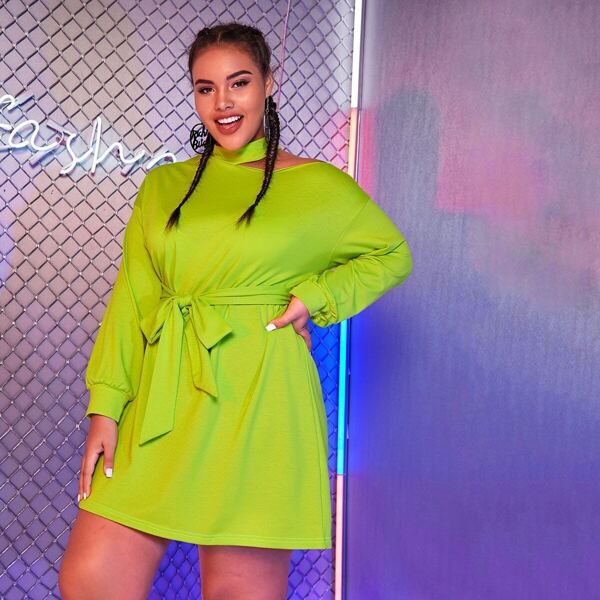 

Plus Neon Lime Open Shoulder Sweatshirt Dress, Green bright
