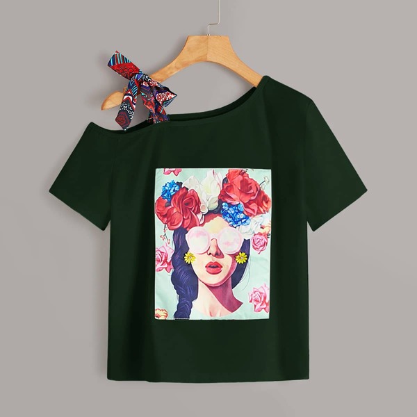 

Plus Open Shoulder Tie Cartoon Graphic Tee, Army green